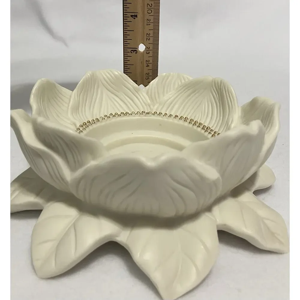 Vtg Partylite Porcelain Candle Holder Magnolia Shaped Bisque w Gold Beading